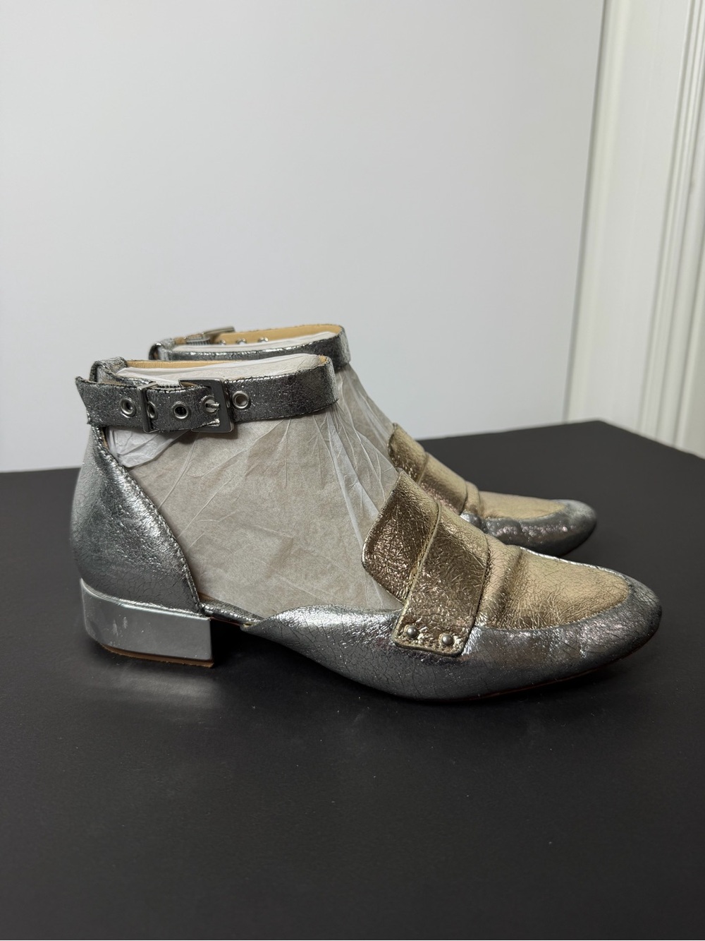 SCHUTZ Metallic Silver and Gold Leather Ankle Booties with Buckle Strap